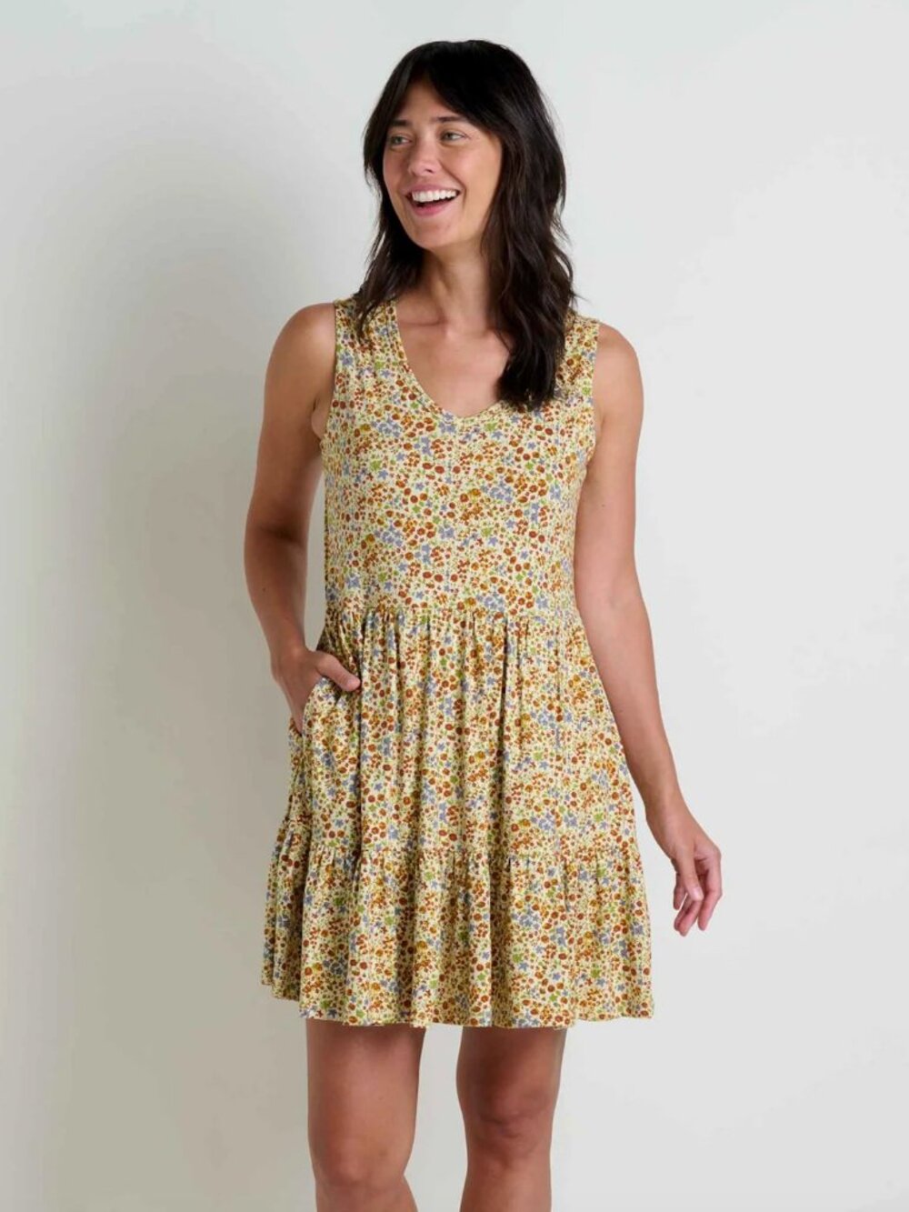 Toad&Co Marley Tiered Swing Skirt V-Neck Sleeveless Floral Dress Pockets, sz XL